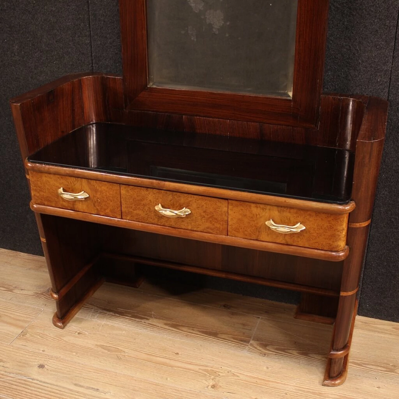 Wood vanity table with glass top, 1970s 1112519
