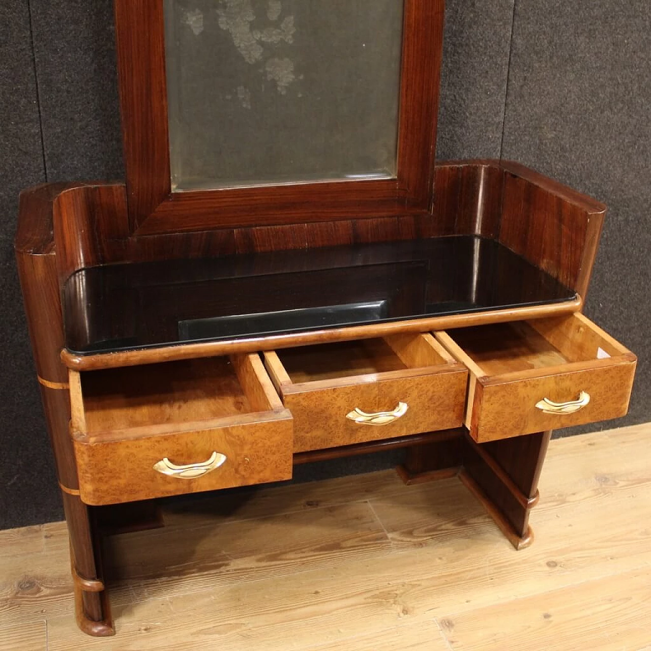 Wood vanity table with glass top, 1970s 1112520