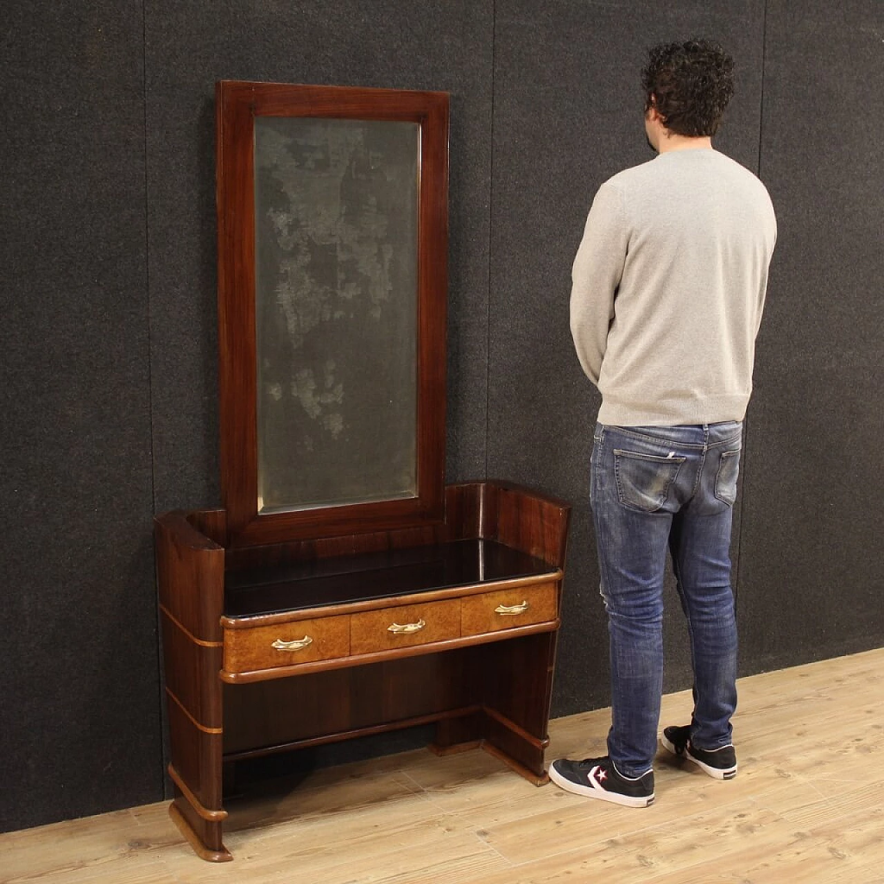 Wood vanity table with glass top, 1970s 1112528