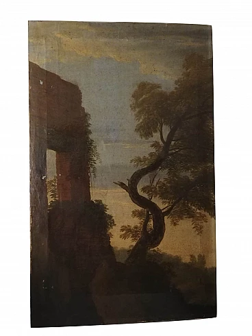 Oil on canvas of landscape with architecture, 18th century