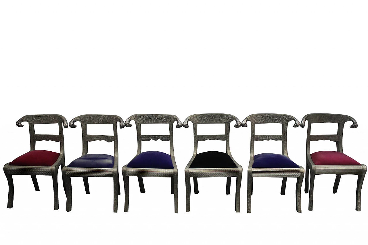 6 Colonial dining chairs in carved silver plate, 1970s 1112856