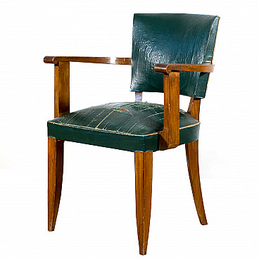 French armchair in wood and green faux leather, France, 40s