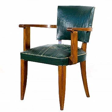 Poltroncina francese in legno e pelle verde, anni '40
