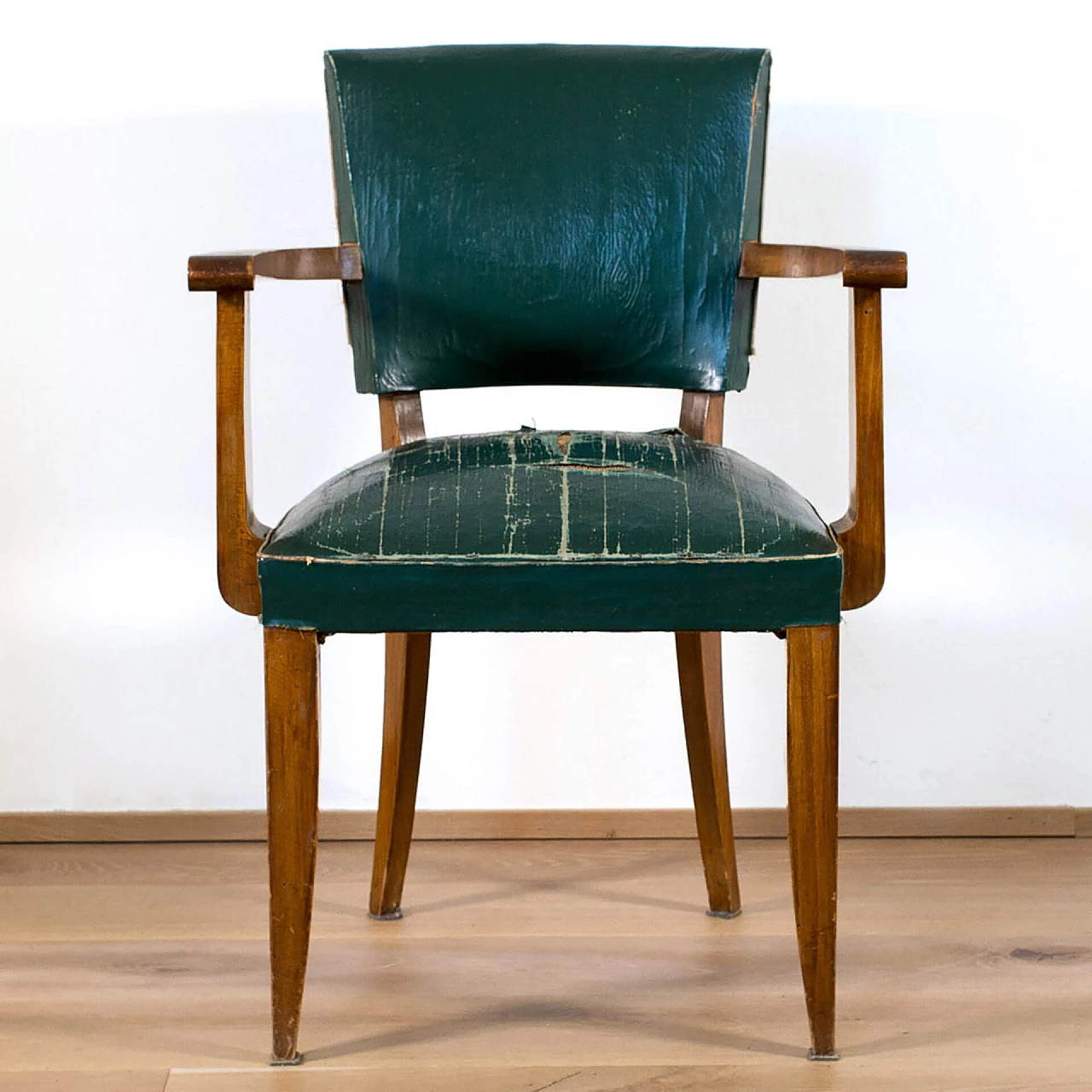 French armchair in wood and green faux leather, France, 40s 1113156