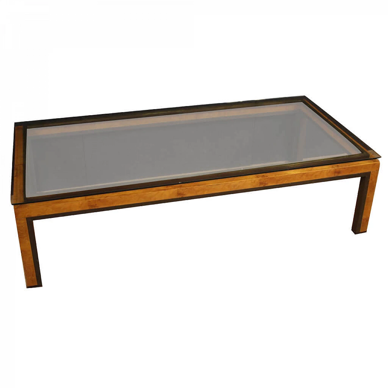 Tavolino basso di design in metallo, ottone, radica e vetro 1113633