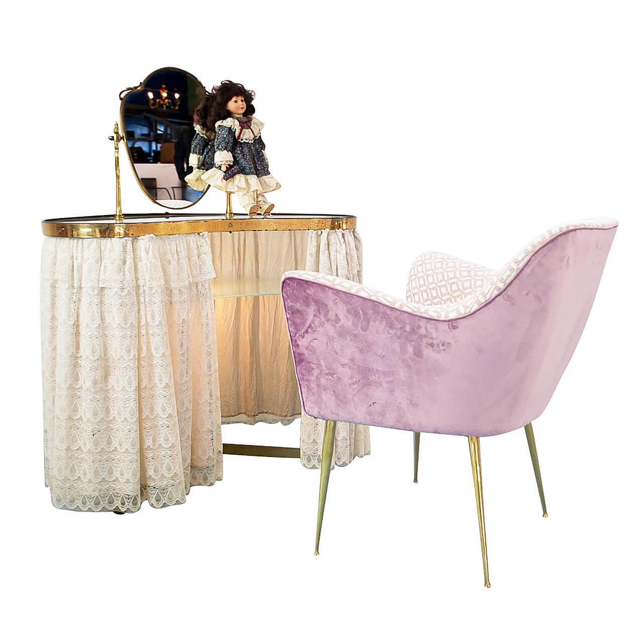 Toeletta da trucco con specchio e piano in vetro, anni '50 1114119