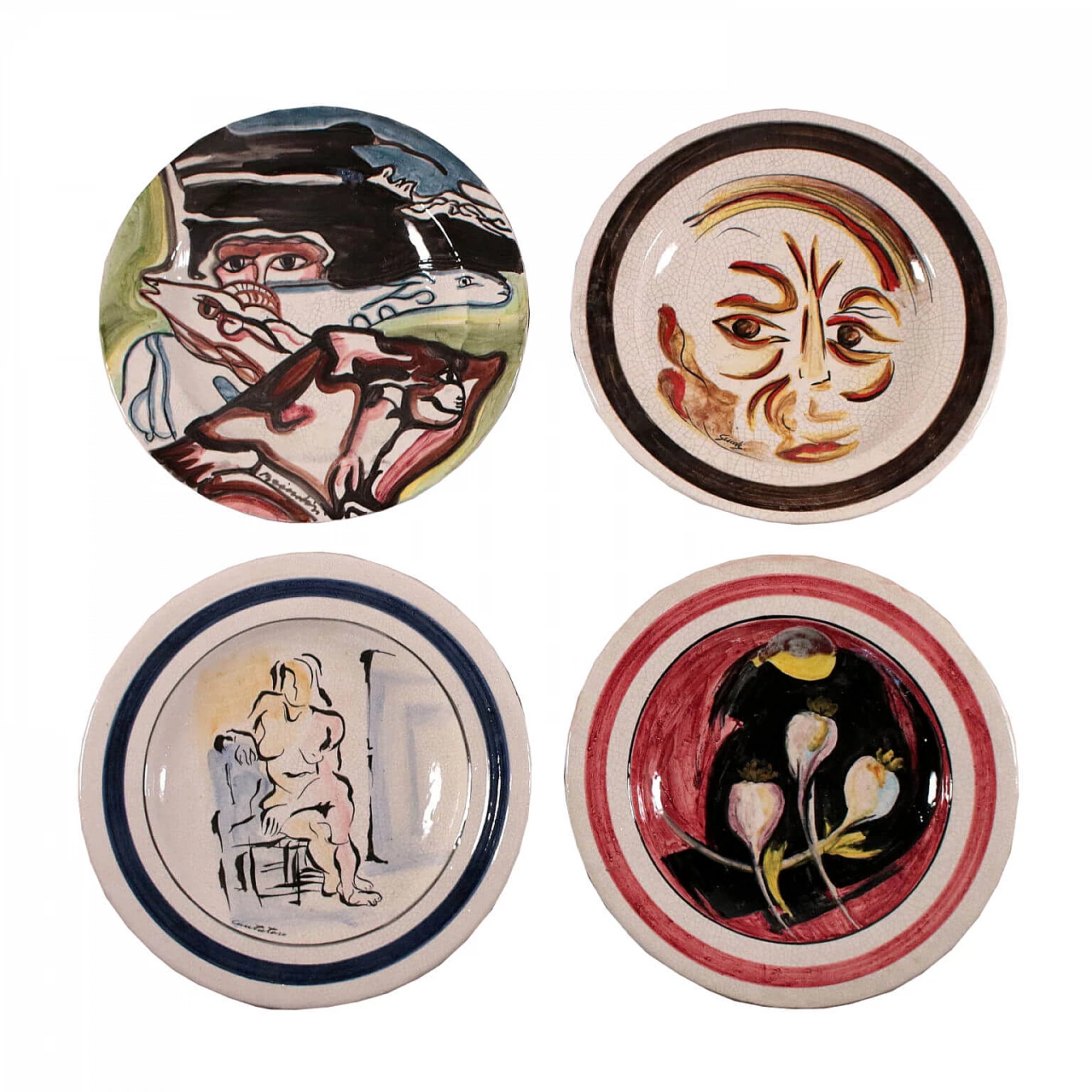 4 Piatti in terracotta con disegni di vari artisti, manifattura G. Rossicone 1114416