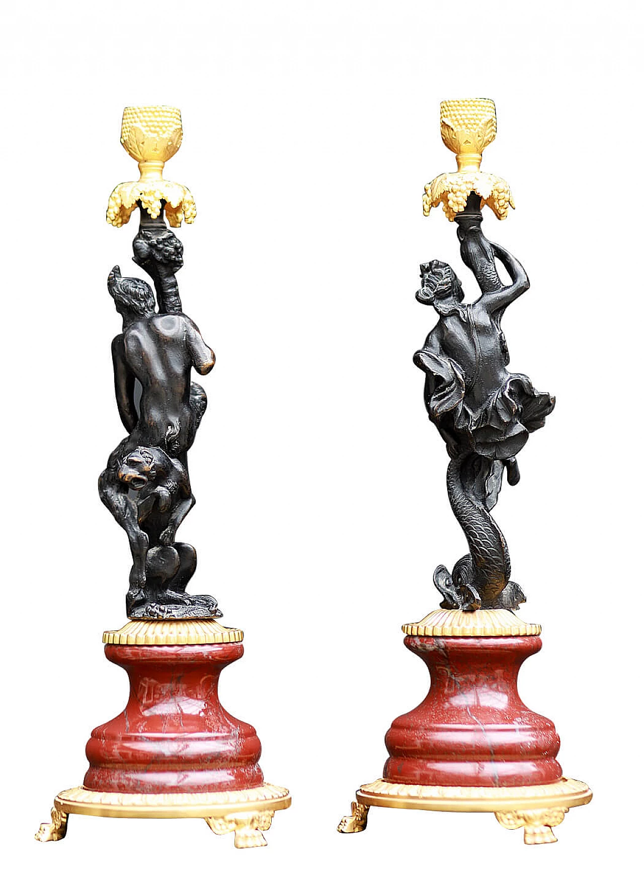 Pair of Neo Baroque candlesticks in bronze and gilded bronze, 80s 1114693