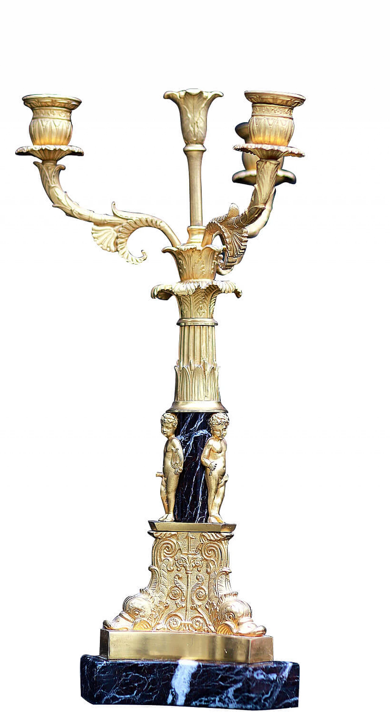Neoclassical style 3 lights candlestick in gilded bronze and marble, Italy, 80s 1114700