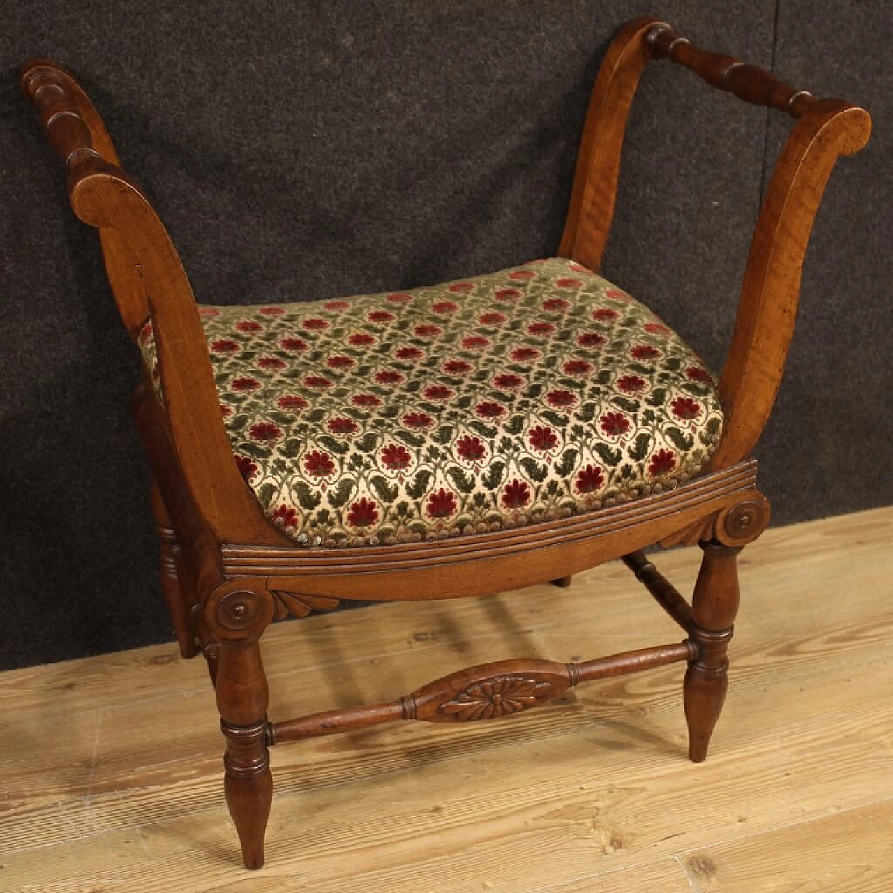 Pair of Charles X benches in carved walnut and floral fabric, 19th century 1116105