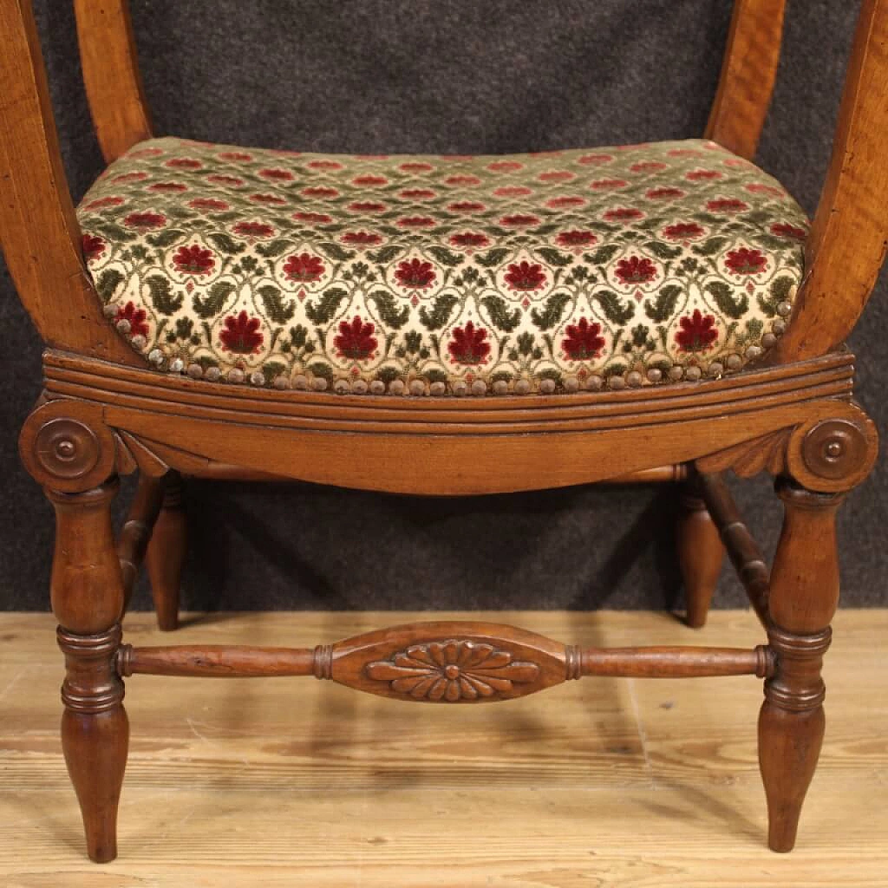 Pair of Charles X benches in carved walnut and floral fabric, 19th century 1116106