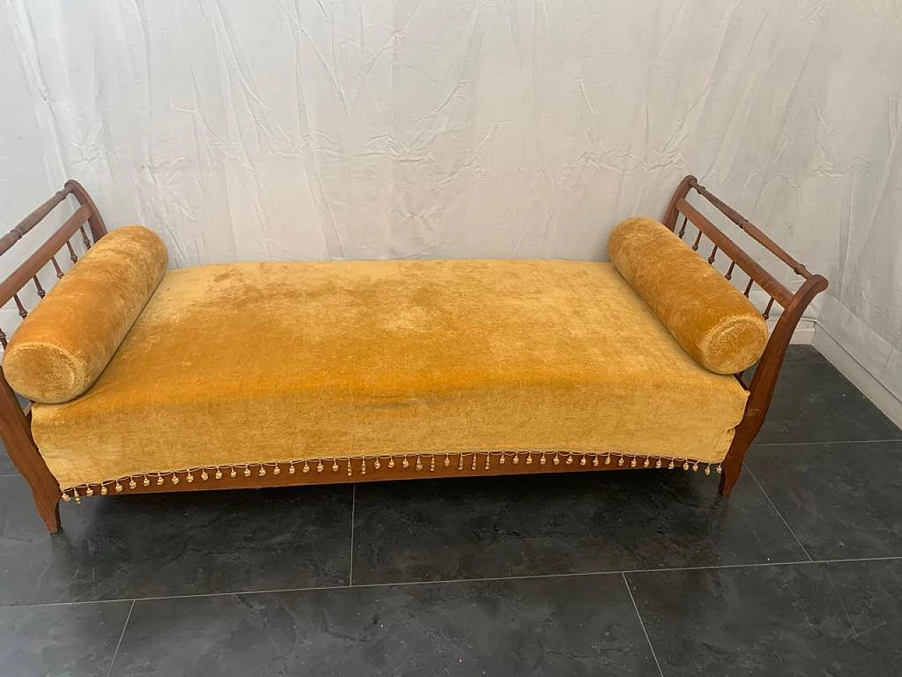 Cherry daybed wood sofa with yellow cover, early 20th century 1116258