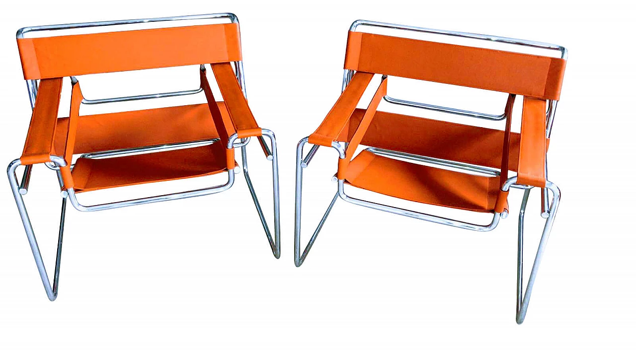 Pair of Wassily armchairs by Marcel Breuer in orange leather 1116705