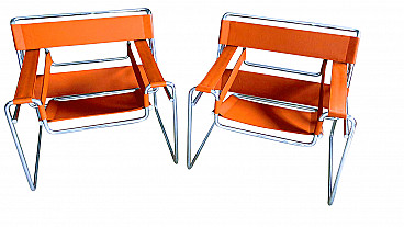 Pair of Wassily armchairs by Marcel Breuer in orange leather