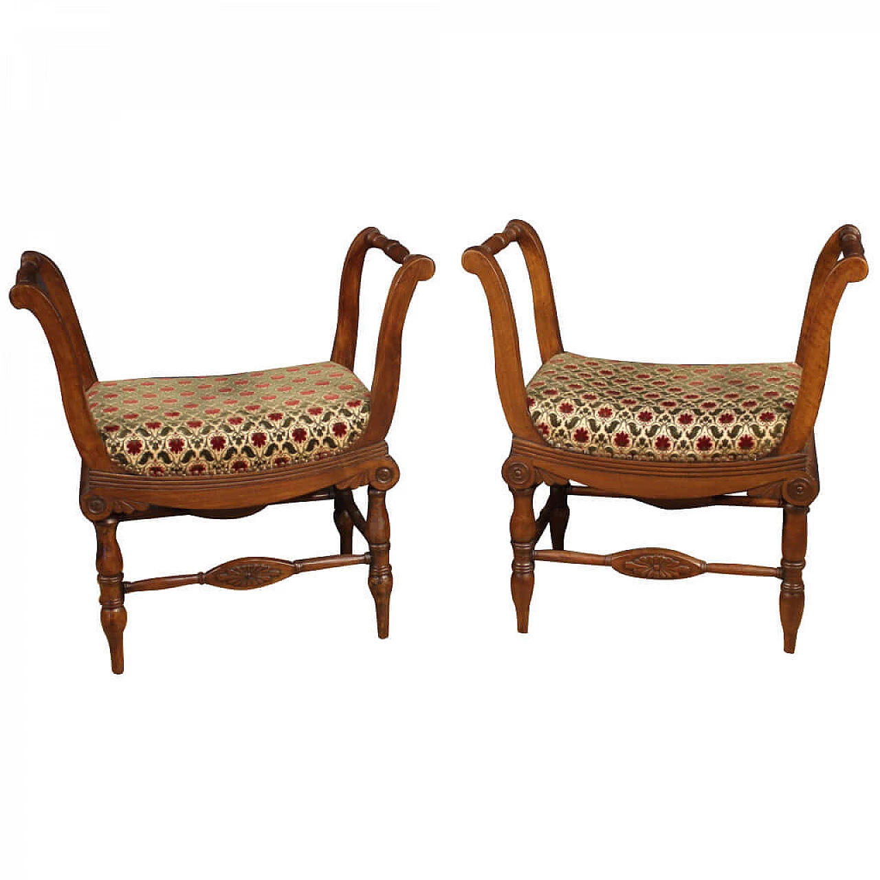 Pair of Charles X benches in carved walnut and floral fabric, 19th century 1116763