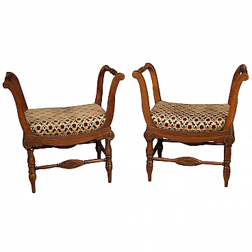 Pair of Charles X benches in carved walnut and floral fabric, 19th century