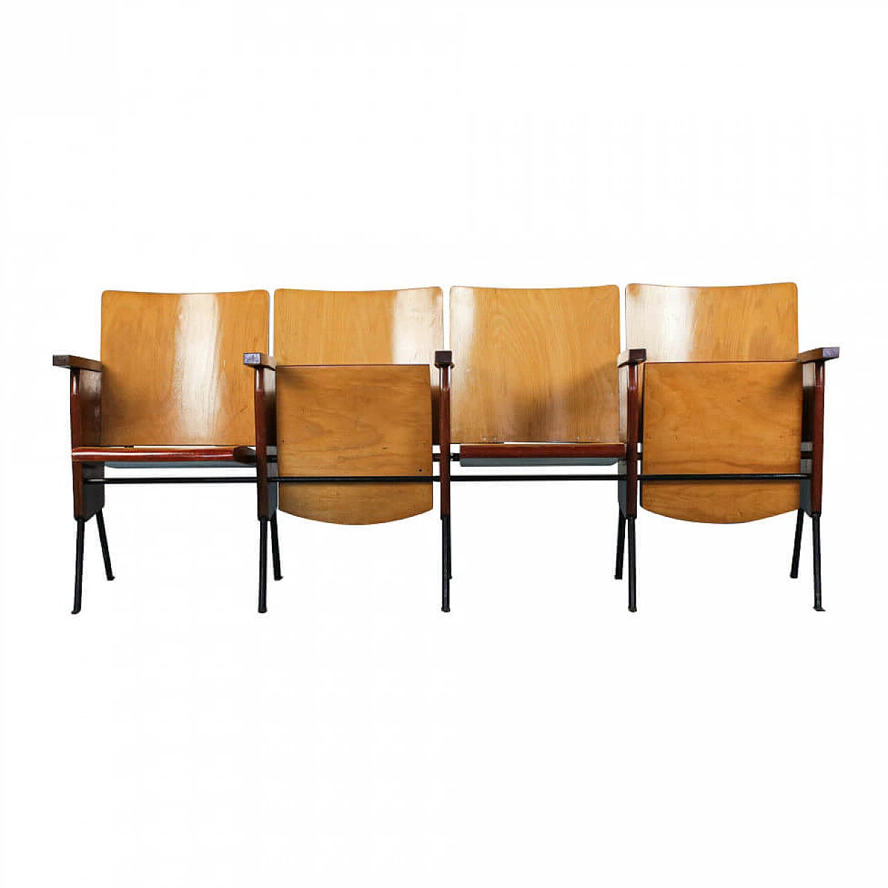Row of 4 wooden cinema armchairs, 1960s 1118563