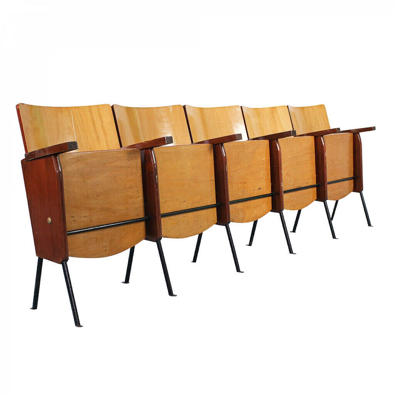 Fila di 5 poltrone da cinema in legno, anni '60 1118751