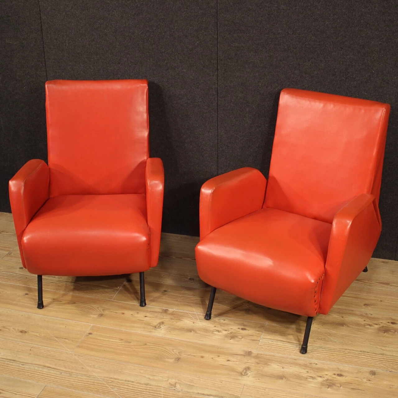 Pair of Italian designer armchairs in imitation red leather 1120840