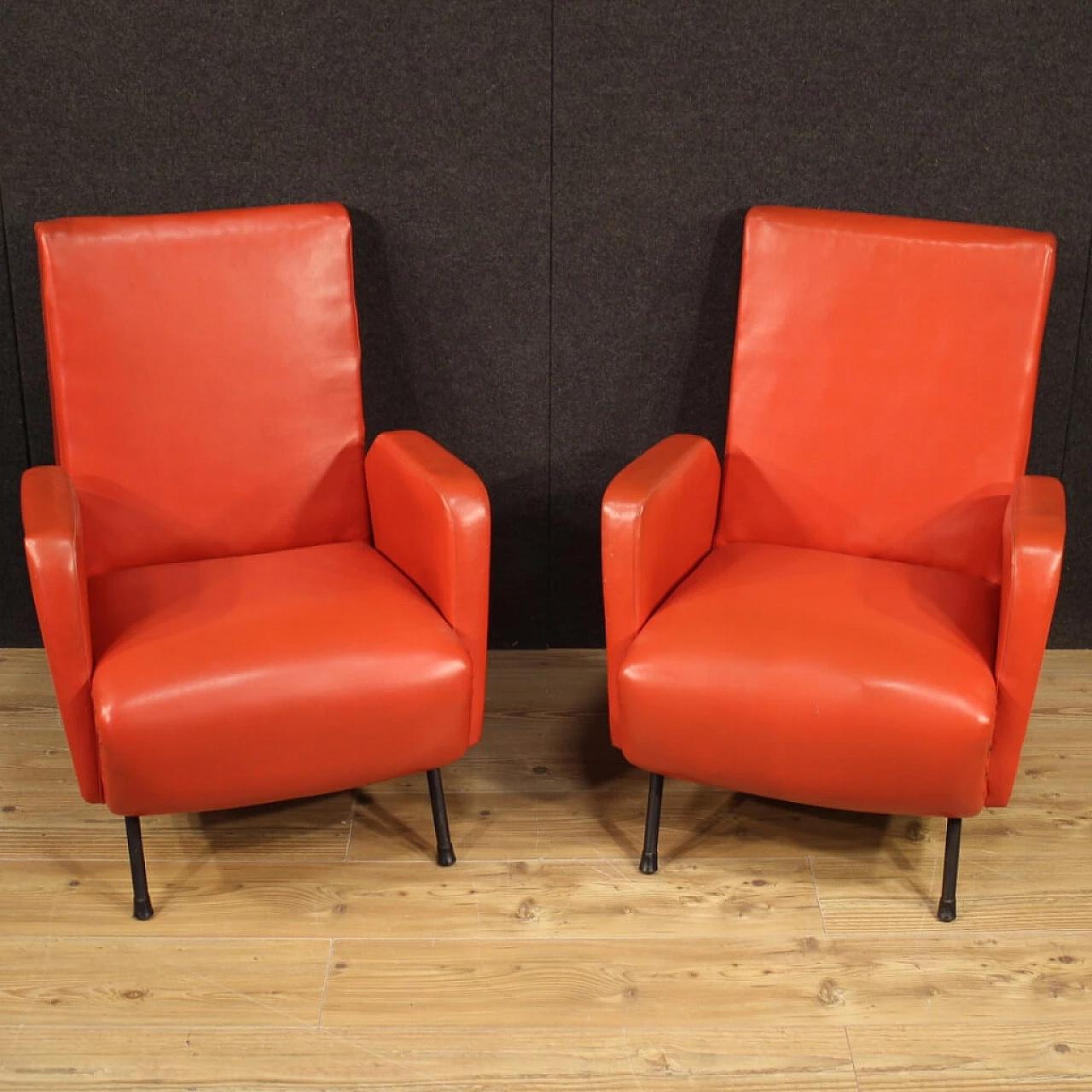 Pair of Italian designer armchairs in imitation red leather 1120841