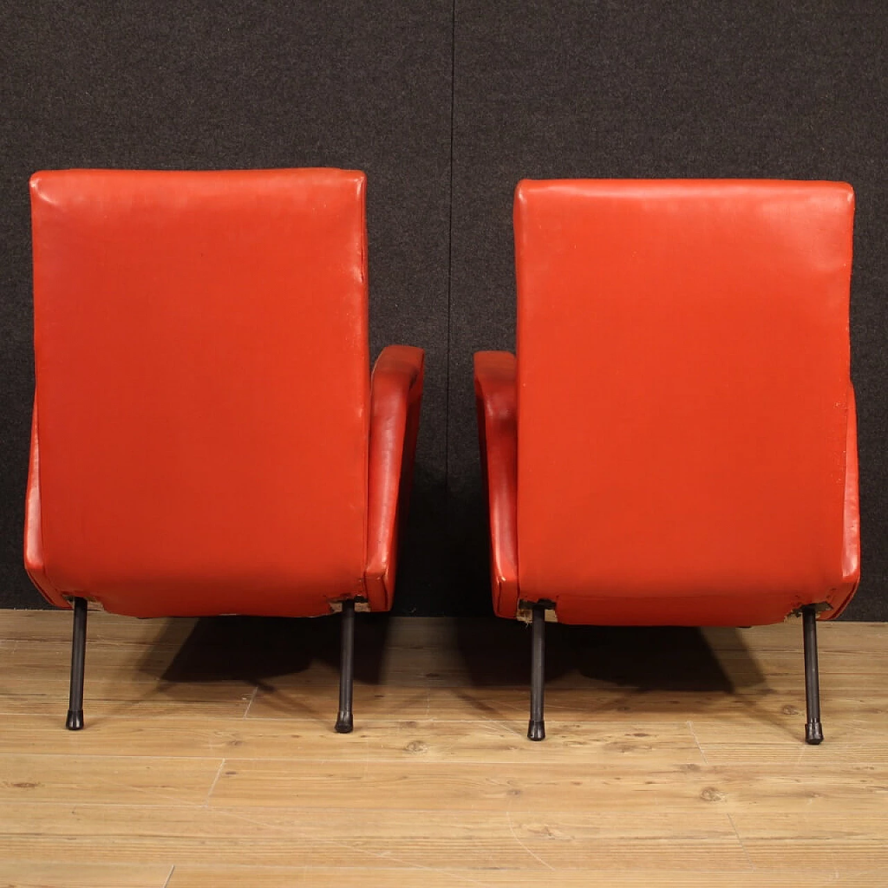 Pair of Italian designer armchairs in imitation red leather 1120844