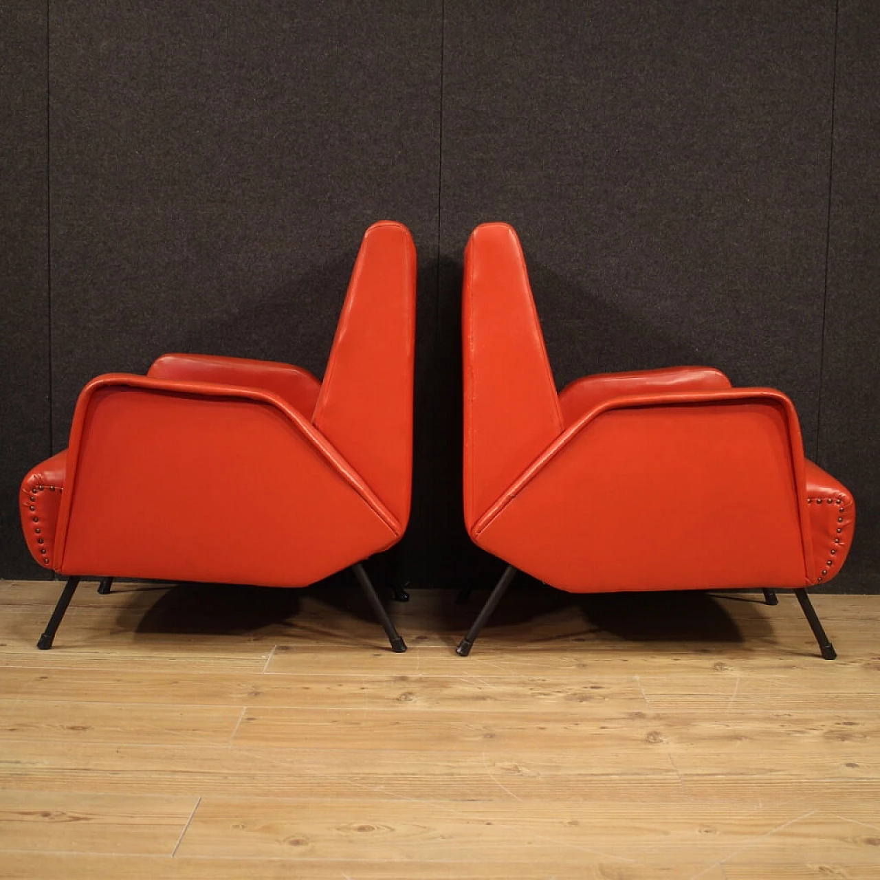 Pair of Italian designer armchairs in imitation red leather 1120845