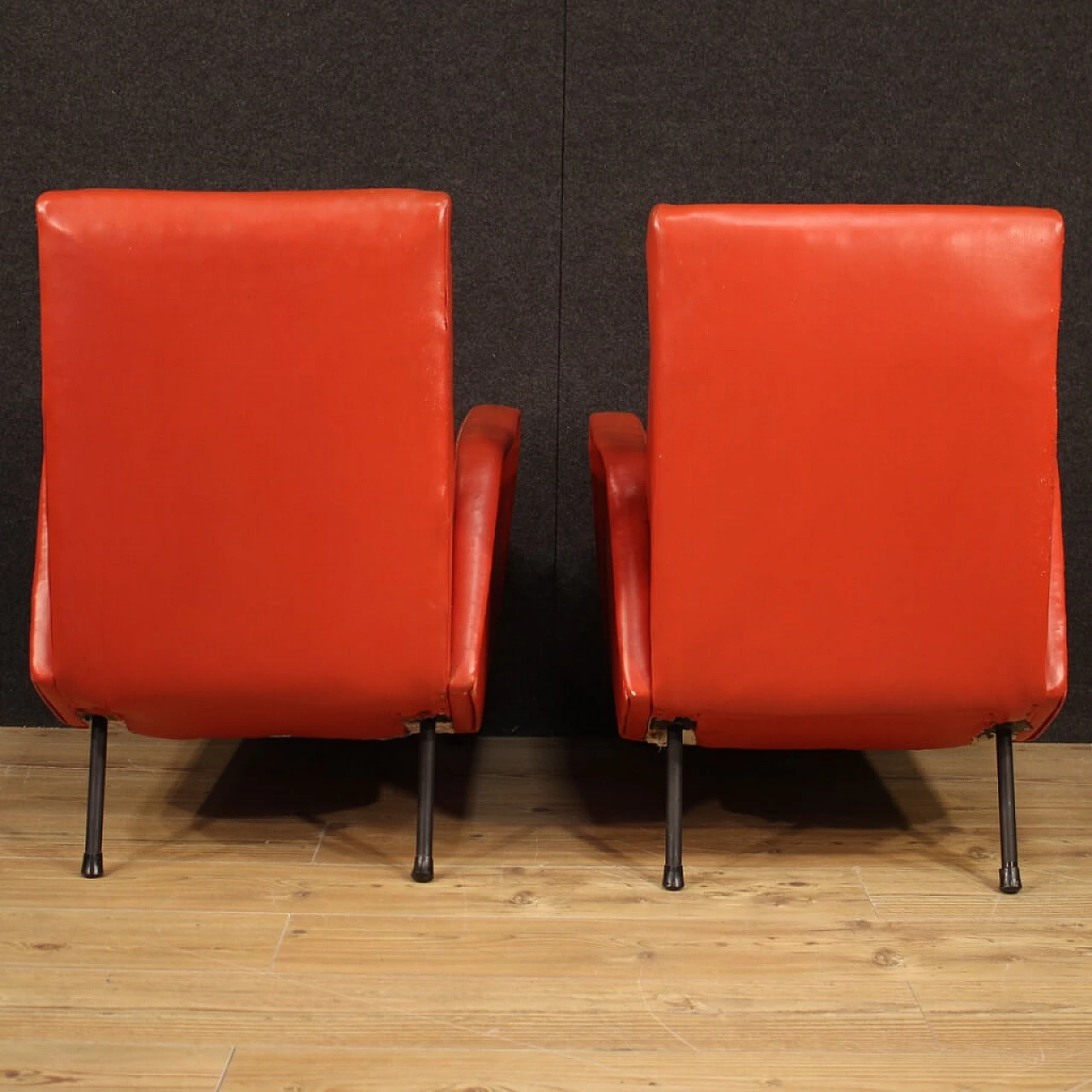 Pair of Italian designer armchairs in imitation red leather 1120846