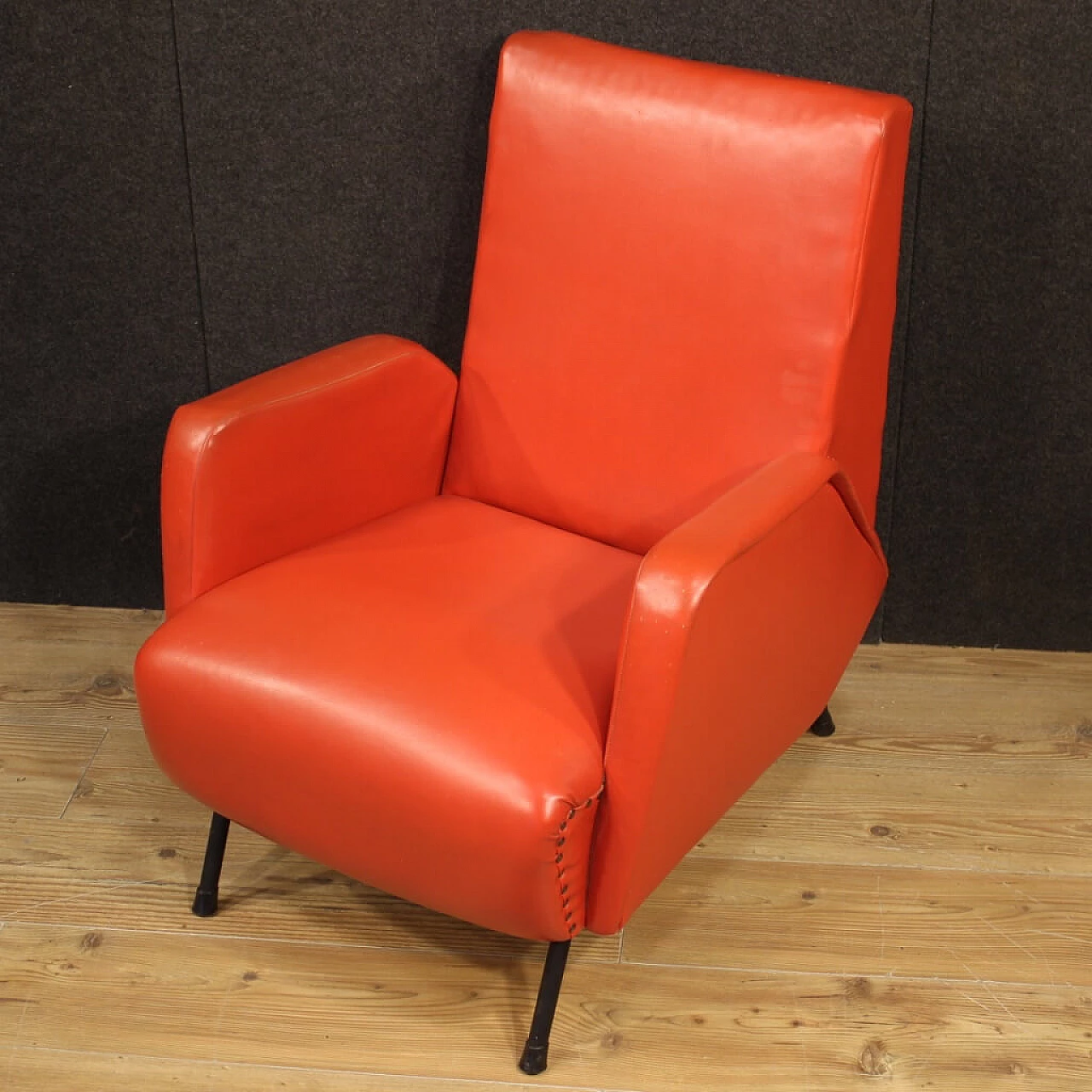 Pair of Italian designer armchairs in imitation red leather 1120847
