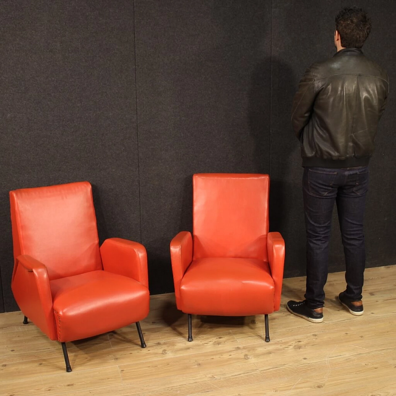 Pair of Italian designer armchairs in imitation red leather 1120851