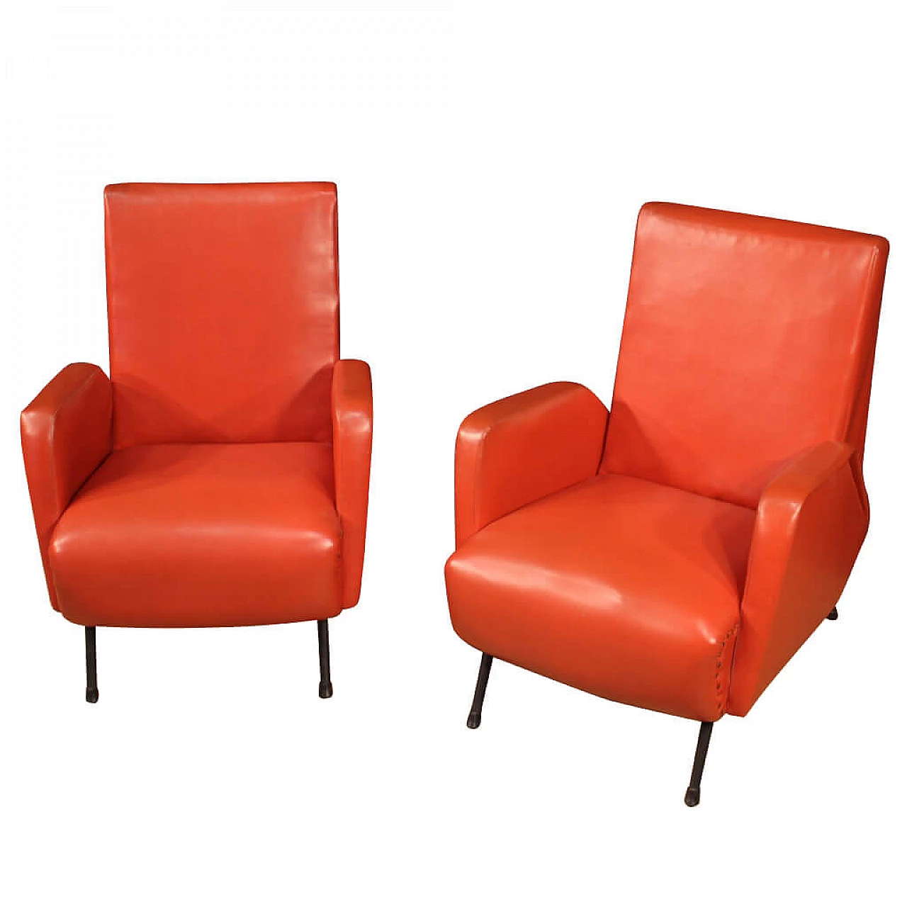 Pair of Italian designer armchairs in imitation red leather 1121043