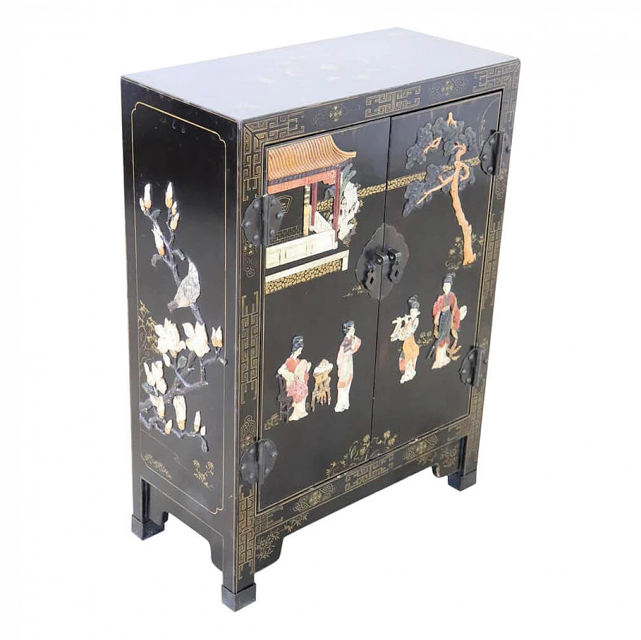 Chinoiserie lacquered and decorated cabinet with application of coloured stones 1121947
