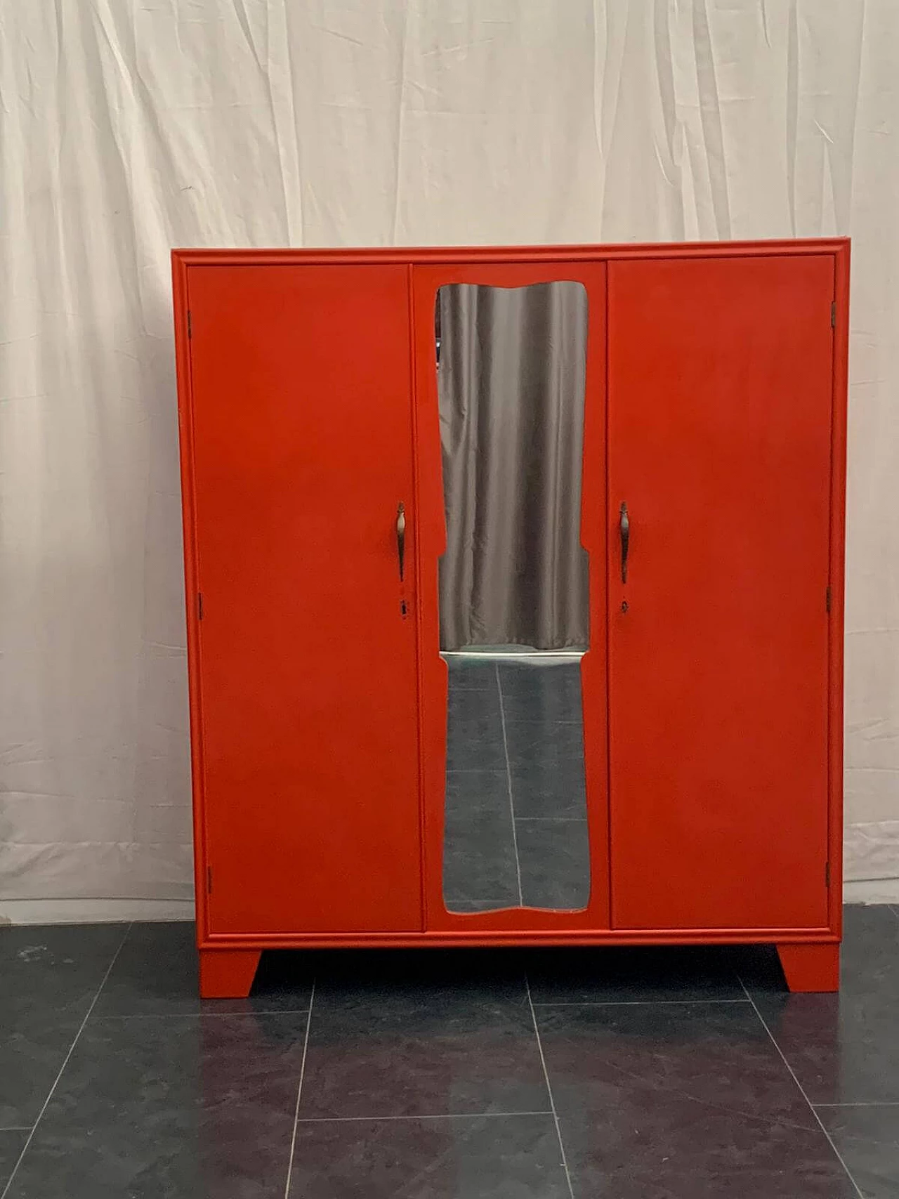 Art Deco wooden wardrobe in coral red, Italy, 30s 1123322