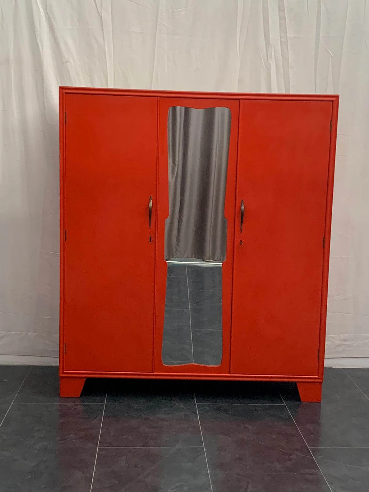 Art Deco wooden wardrobe in coral red, Italy, 30s 1123323