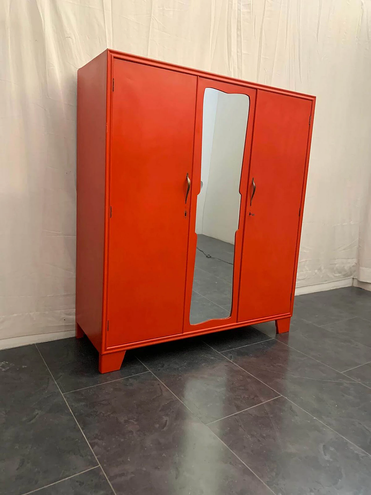 Art Deco wooden wardrobe in coral red, Italy, 30s 1123324