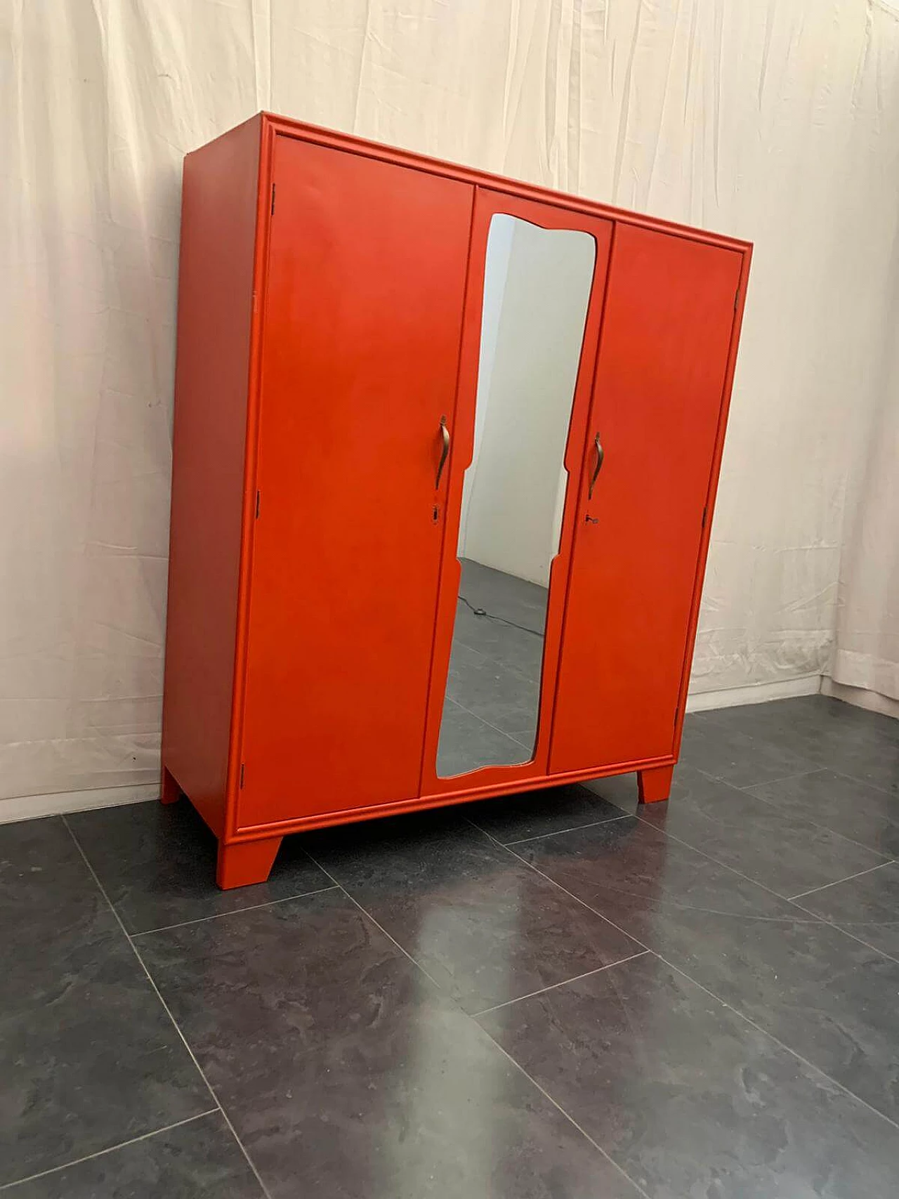 Art Deco wooden wardrobe in coral red, Italy, 30s 1123325