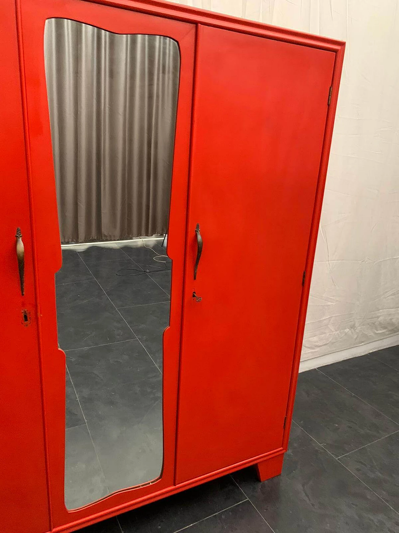 Art Deco wooden wardrobe in coral red, Italy, 30s 1123326