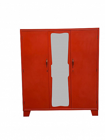 Art Deco wooden wardrobe in coral red, Italy, 30s