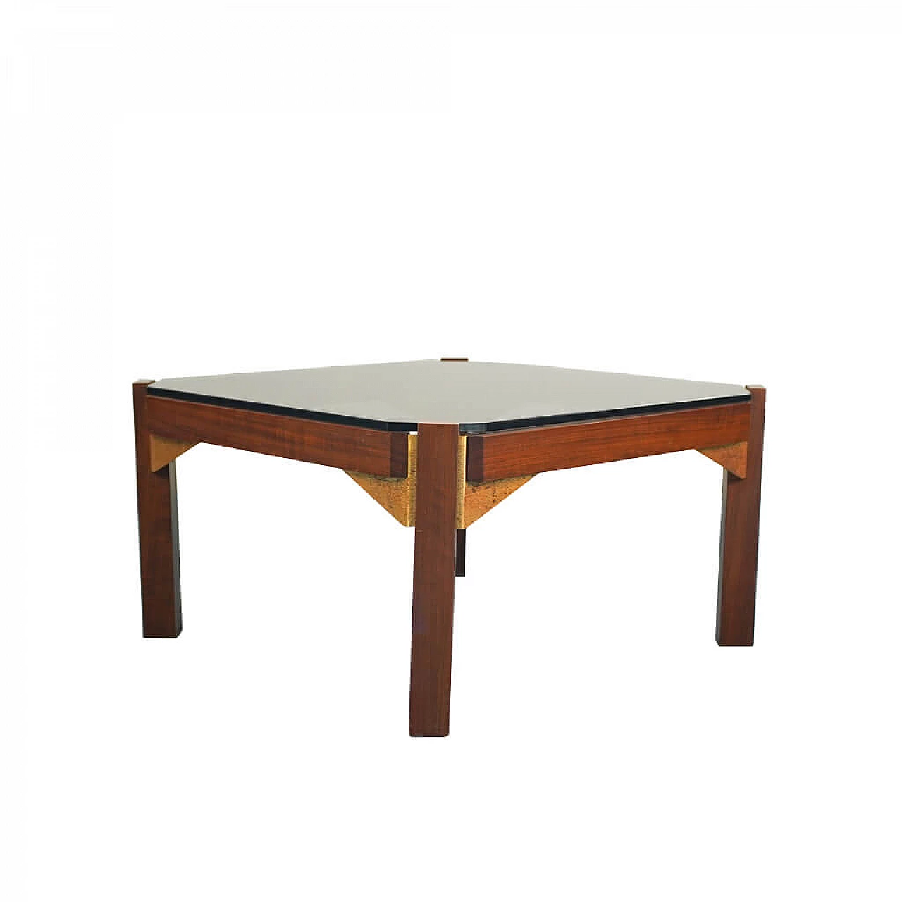 Tavolino vintage in legno con piano in vetro fumè, anni '70 1124816