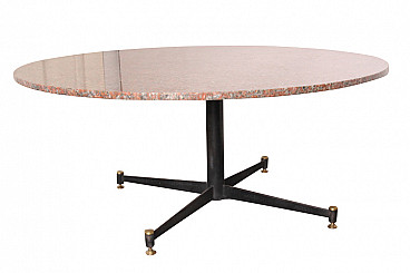 Mid-century round table with pink granite top and brass details, Italy, 50s