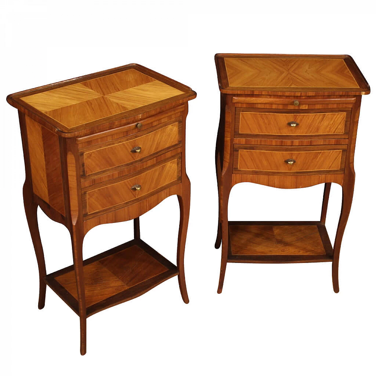 Pair of French bedside tables inlaid in walnut, mahogany, maple 1125981