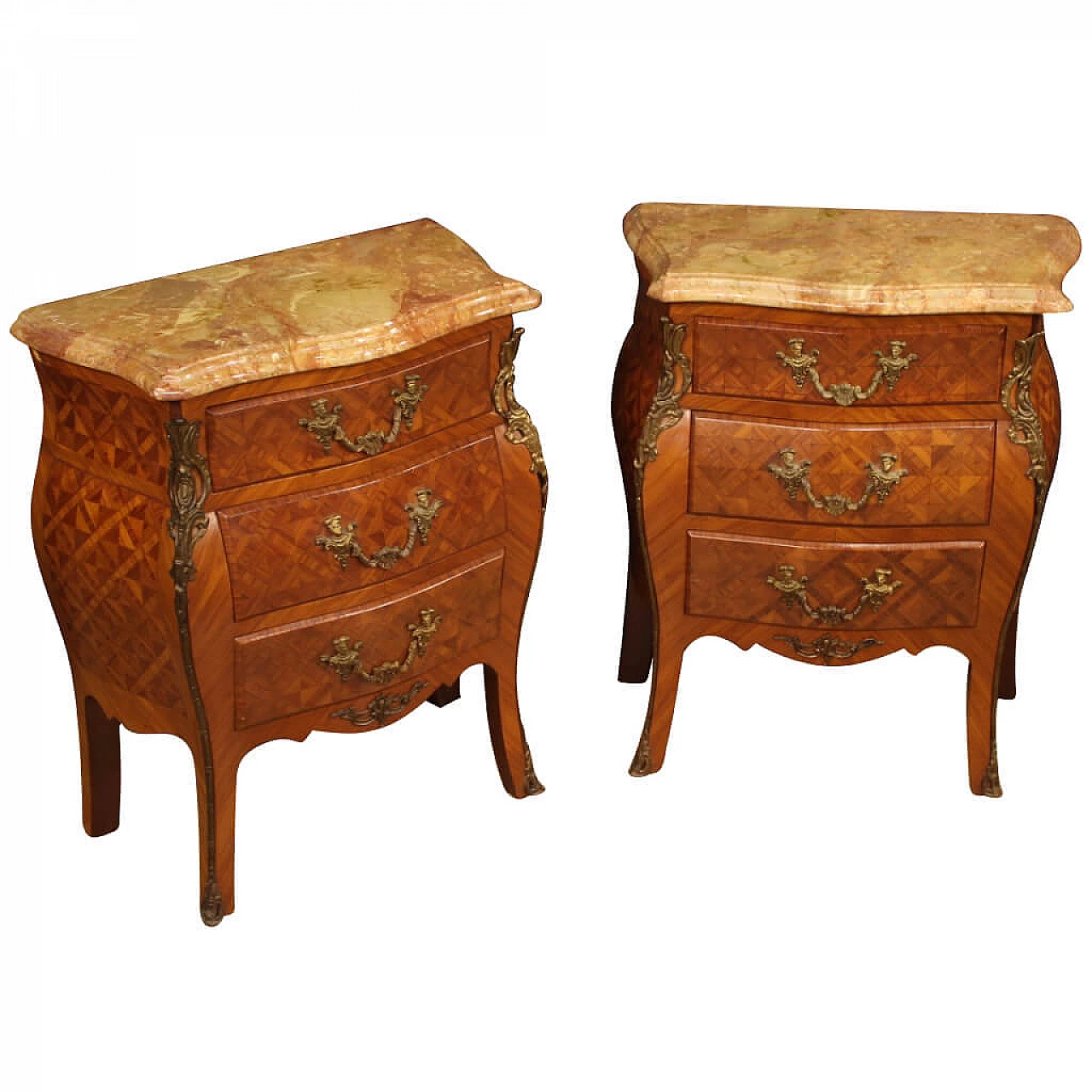 Pair of inlaid French bedside tables with marble top 1127424