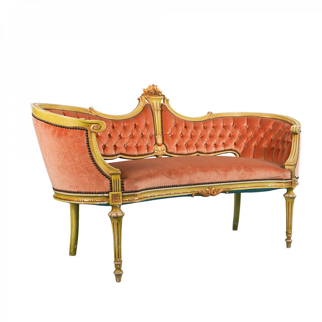 Divanetto stile Luigi XVI, in legno e tessuto capitonnè, anni '70 1129903
