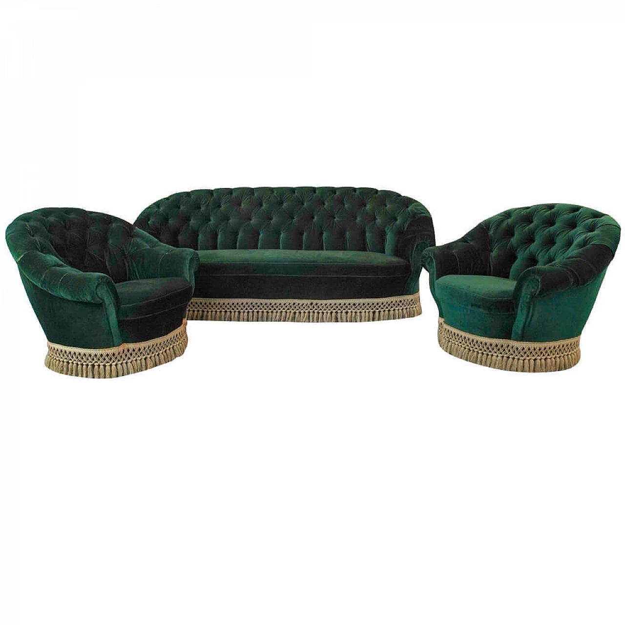 Set divano e coppia di poltrone con rivestimento capitonnè, stile Gio Ponti, anni '50 1132010