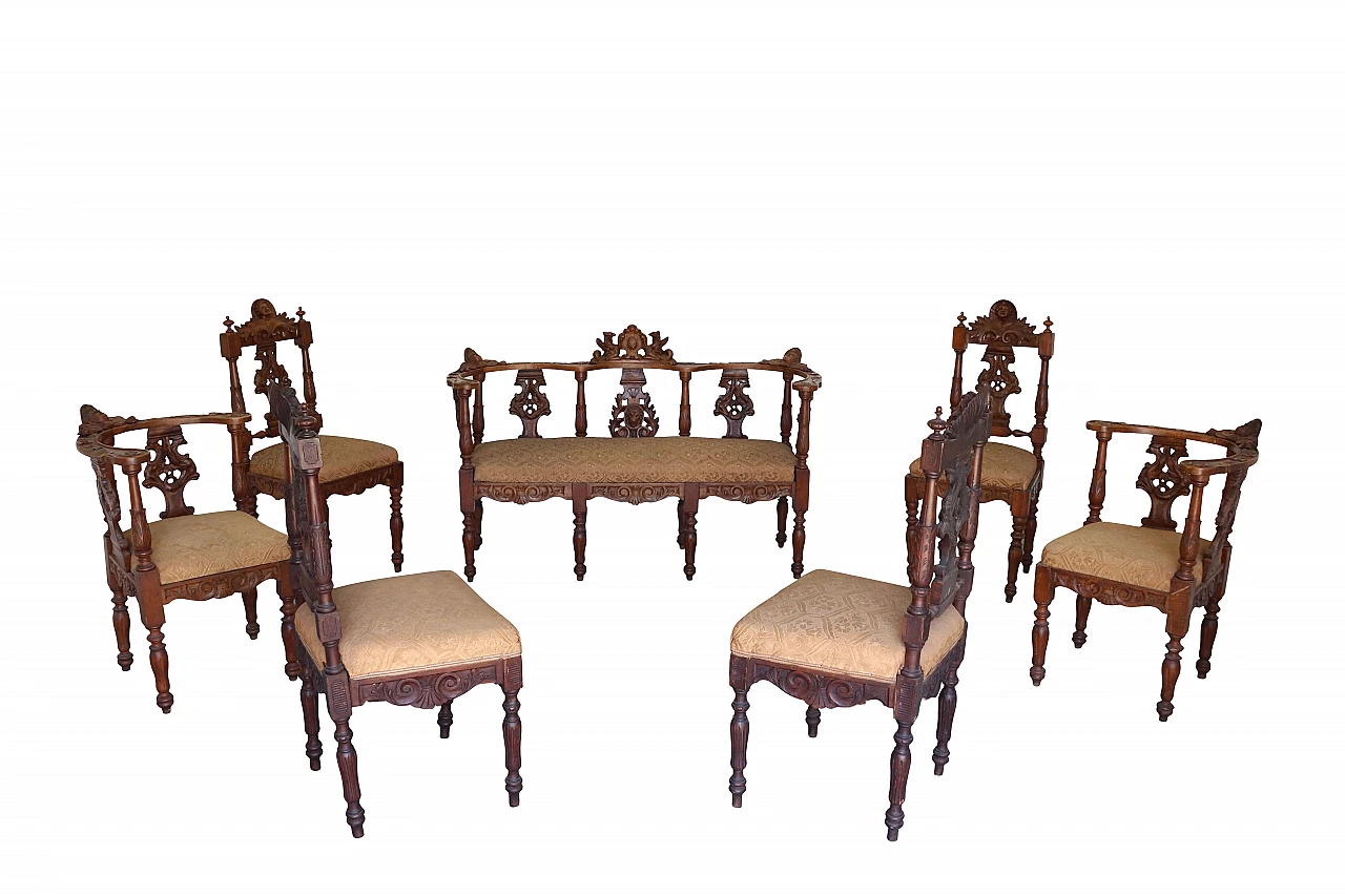 Italian neo baroque seating set in carved wood with yellow fabric, 19th century 1132044