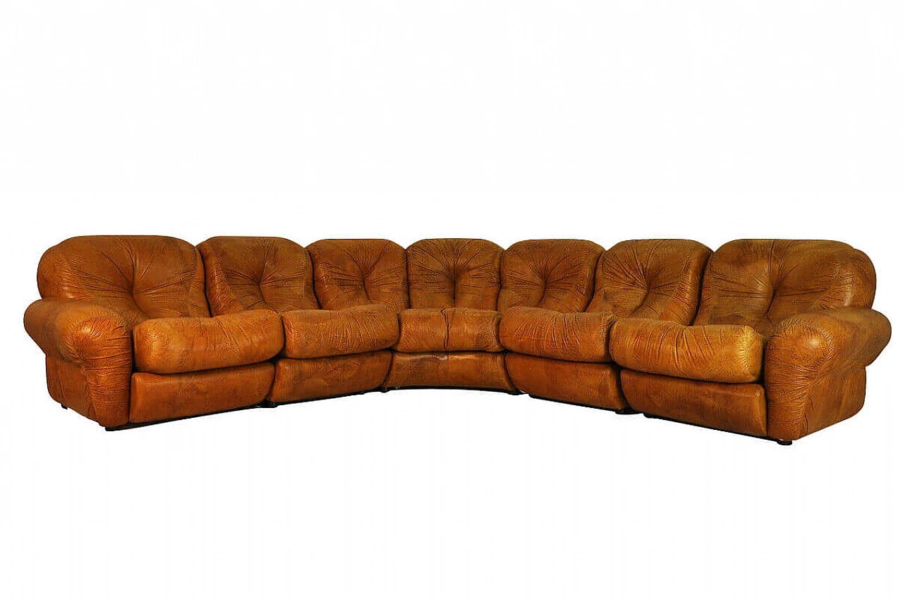 Divano in pelle angolare a 7 posti, modulare, anni '70 1132668