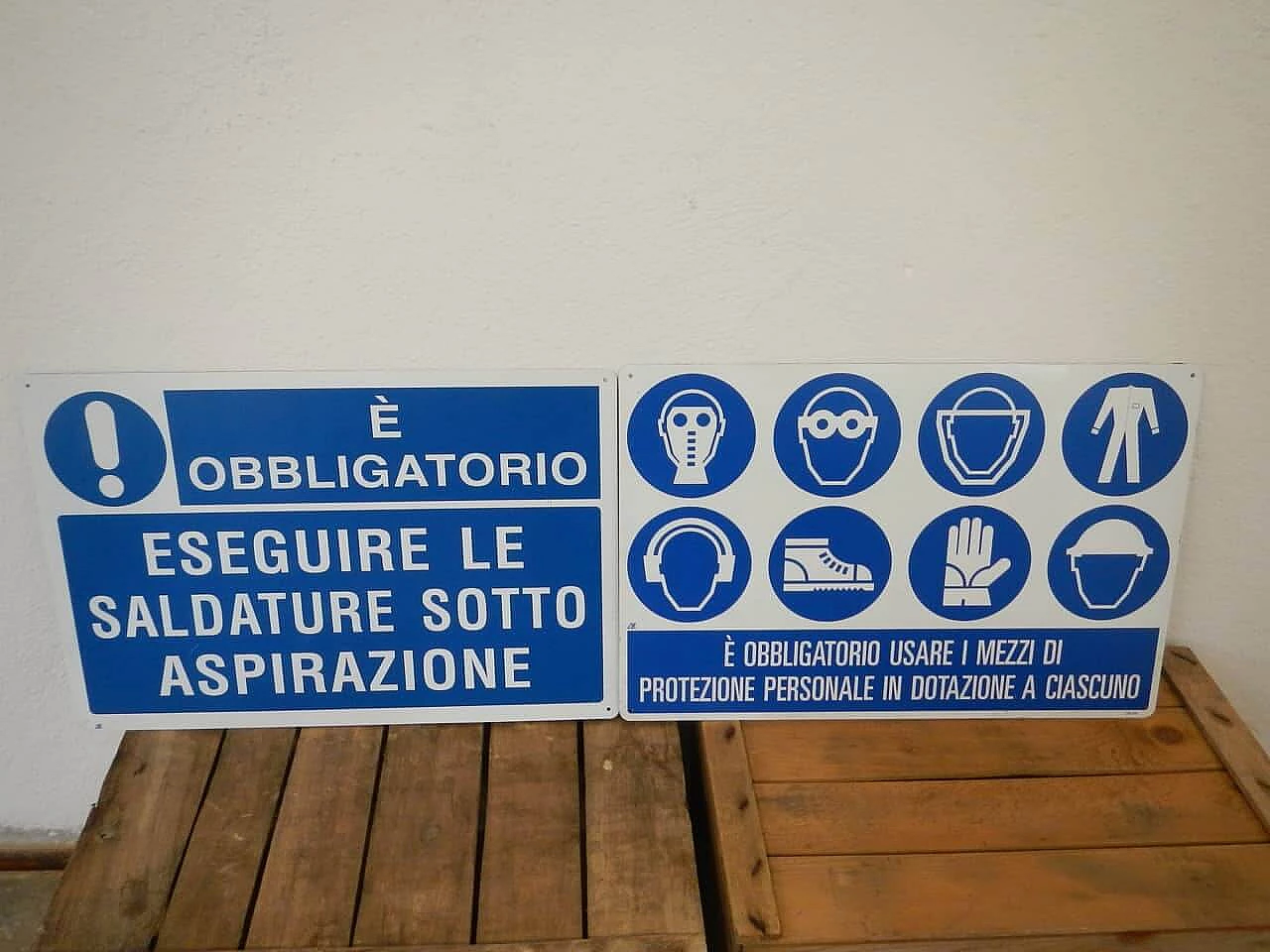 Two metal boards on safety at work, Italy, 90s 1134028