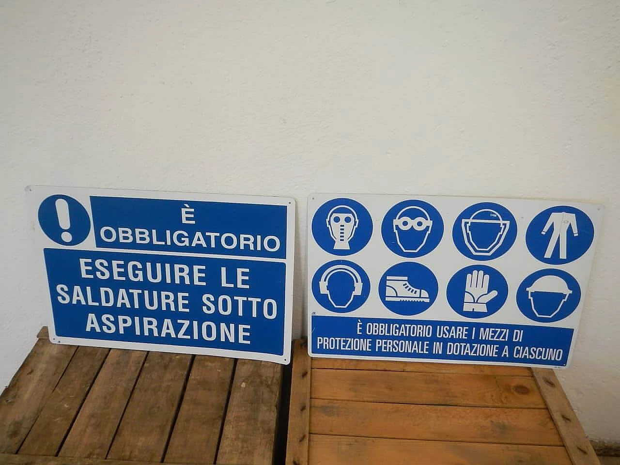 Two metal boards on safety at work, Italy, 90s 1134032