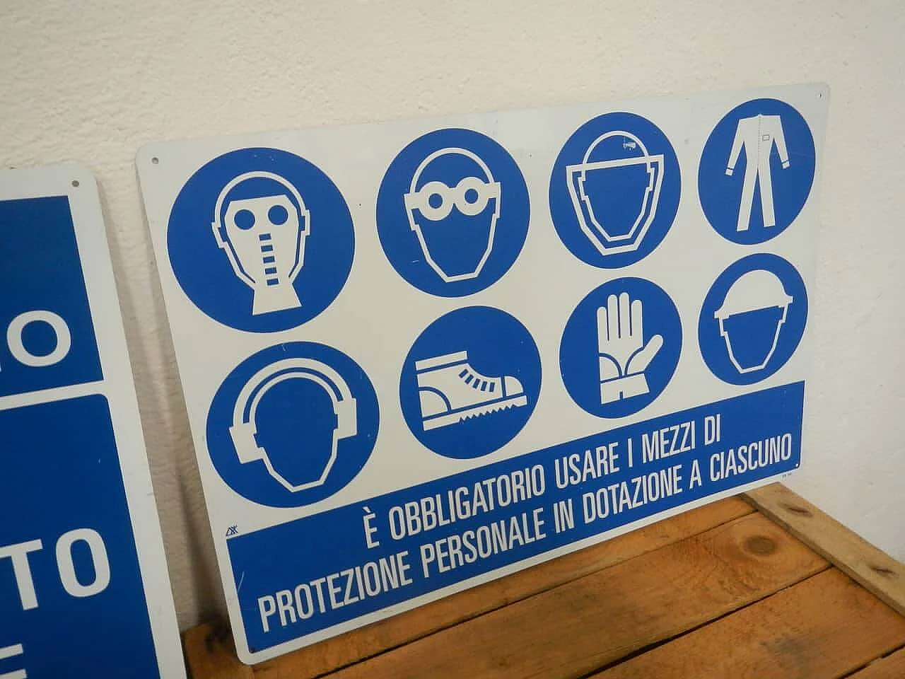 Two metal boards on safety at work, Italy, 90s 1134034