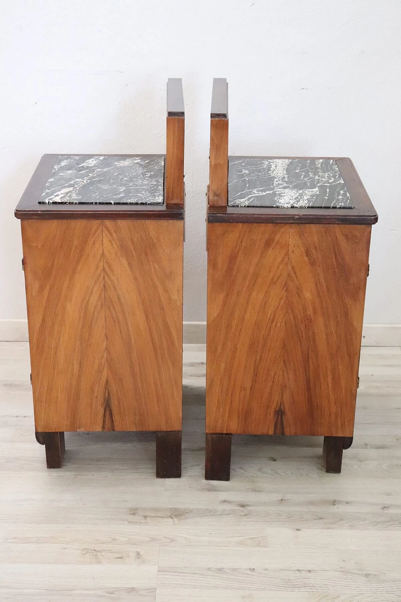 Pair of art deco inlaid marble top nightstands, 1940's 1136182