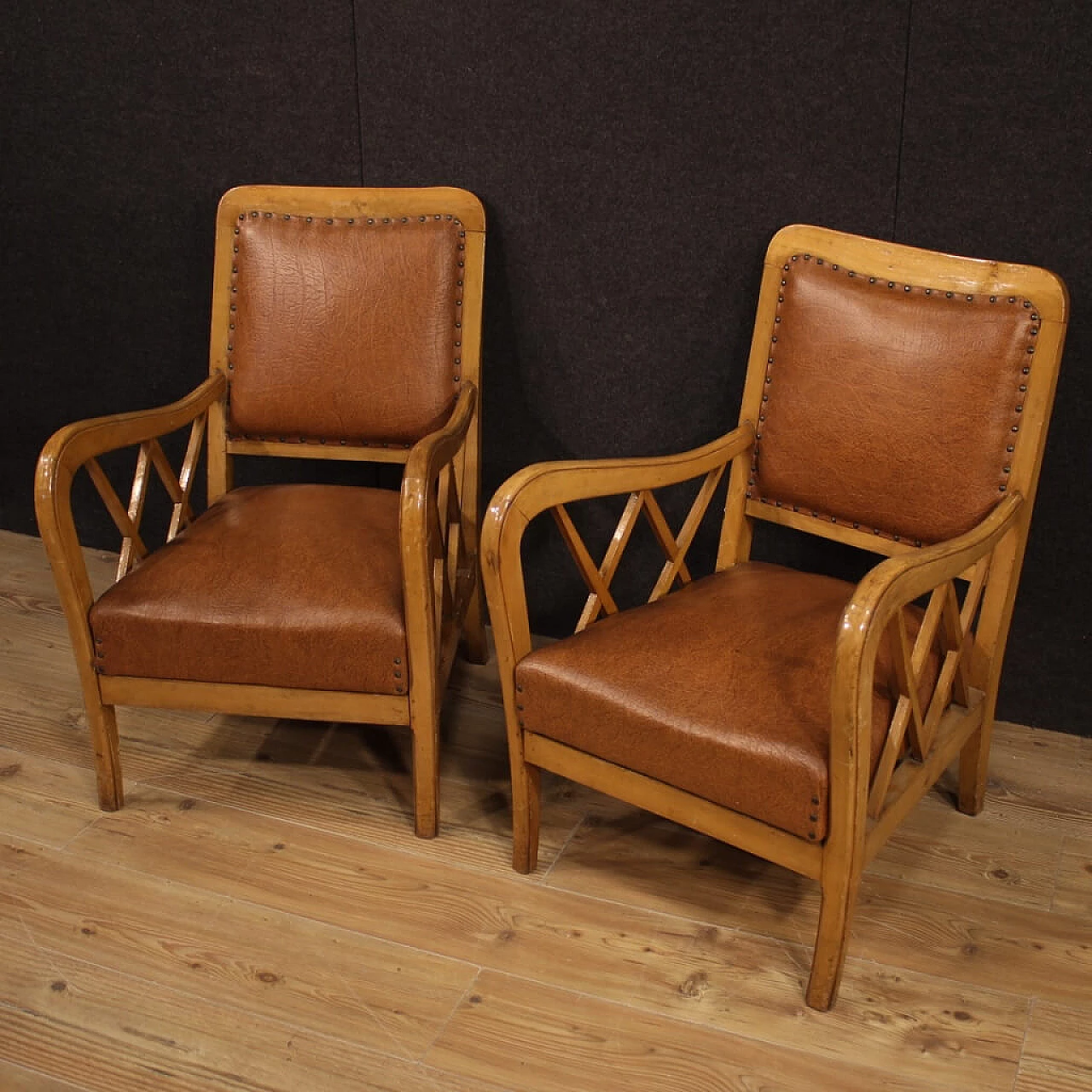 Pair of Italian armchairs in walnut wood, 60's 1139300